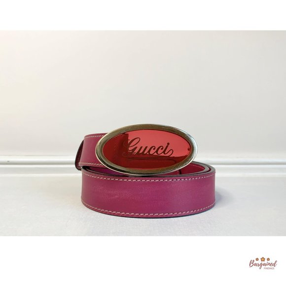 Authentic GUCCI Fuchsia Pink Leather Script Buckle Women's Belt 85/34 170884 - Picture 10 of 12